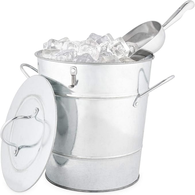 Twine Insulated Ice Bucket with Lid, Scoop & Handles for Beer, Wine, Champagne, Beverages, 1 Gal Galvanized Metal Bucket, Steel Ice Container for BBQs, Indoor & Outdoor Party Supplies, Bar Accessories