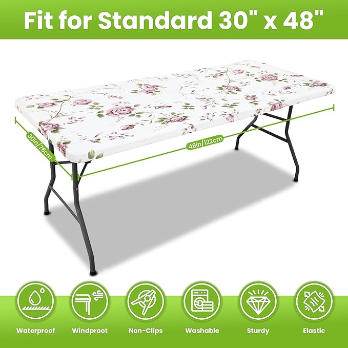 Smiry Spandex Fitted Tablecloth for 4 Foot Rectangle Tables, Washable Picnic Table Cover with Elastic, Stretch Reusable Table Cloth for Outdoor, Camping, Dining & Kitchen (Flowers, 30"x48")