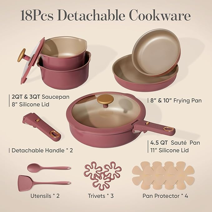 CAROTE 18Pcs Pots and Pans Set, Nonstick Cookware Set Detachable Handle, kitchen Pan Set, Induction kitchen cookware Non Stick, RV Cookware Set, Oven Safe, Red