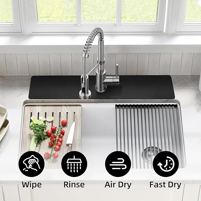 LOPNUR Faucet Mat for Kitchen Sink Protectors, 24 Inch Long Kitchen Sink Splash Guard Behind Faucet, Cuttable Bathroom Water Splash Guard with Super Absorbent Diatomite Fast Drying, Black
