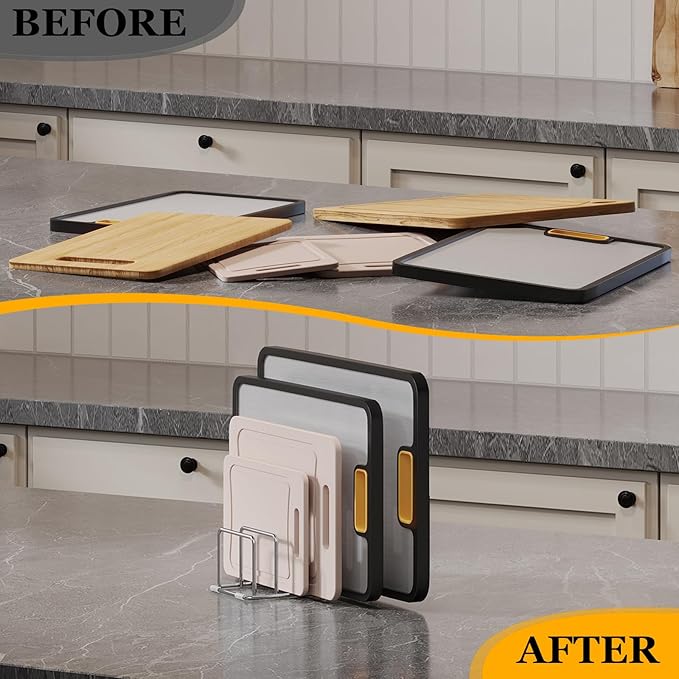 Cutting Board Organizer Stand Holder - 304 Stainless Steel Chopping Board Rack, Pot Pan Lid Holder, Kitchen Shelf for Bakeware, Cookie Sheets, 4-Slot 1.02-Inch Width Design