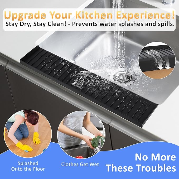 Sink Edge Protector with Suction Cup 4"x20", Silicone Sink Splash Guard for Kitchen & Bathroom, Protect Countertop from Scratches, Stains, for Stainless Steel Granite Quartz-Black