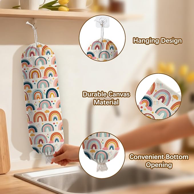 Plastic Bag Holder Dispenser, Plastic Grocery Bag Organizer & Wall Mount Paper Trash Bags Saver Storage for Kitchen Home Pantry Decor, Colorful Rainbow Kitchen Decor Shopping Bags Storage Dispenser