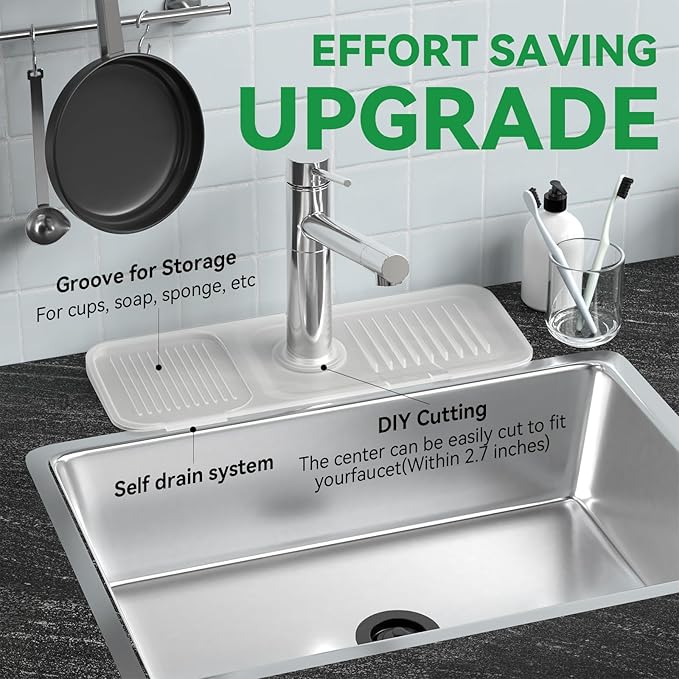 Toovem Kitchen Faucet Sink Splash Guard,14.5x5.5in Silicone Faucet Water Catcher Mat, Faucet Handle Drip Catcher Tray,Soap Sponge Holder for Kitchen, Bathroom, Farmhouse, Countertop Protect, Clear