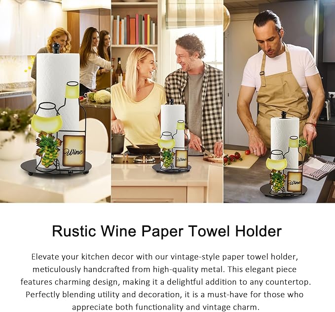 Wine Lovers Gifts - Metal Wine Paper Towel Holder Countertop with Solid Weighted Base, Farmhouse Kitchen Decor, Rustic Country Vintage Decoration Organization