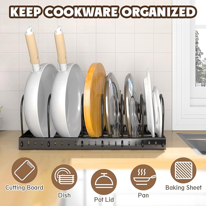 2PACK Pot Lid Organizers Inside Cabinet for Kitchen, Pots and Pans Organizer Under Cabinet with 16 Adjustable Dividers, Countertop Lid Holder, Rust-Resistant, Tool-Free Installation, Easy to Clean