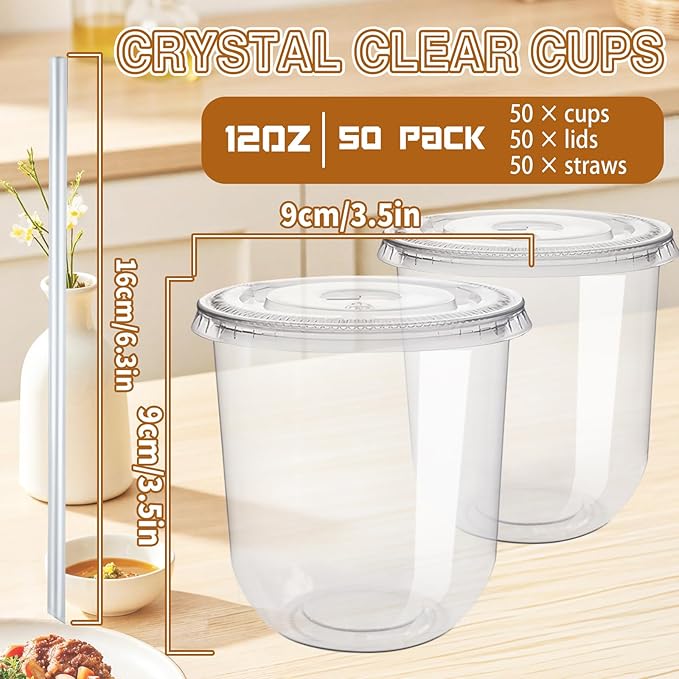 Alaeseje 50 Pack Clear Plastic Cups with Lids and Straws,12 oz Disposable Iced Coffee Cups,PET Crystal Cups,Round Bottom To Go Cup for Iced Coffee Juice Smoothie Cold Beverage