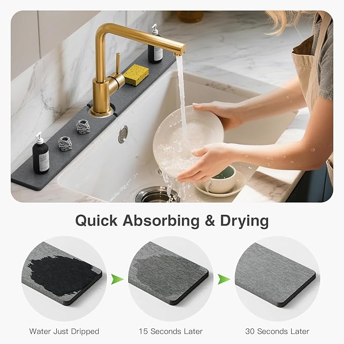 30" x 4" Stone Faucet Mat for Kitchen Sink, Quick Drying Diatomite Sink Tray, Faucet Sink Splash Guard for Prevents Moisture Buildup (Dark Gray)