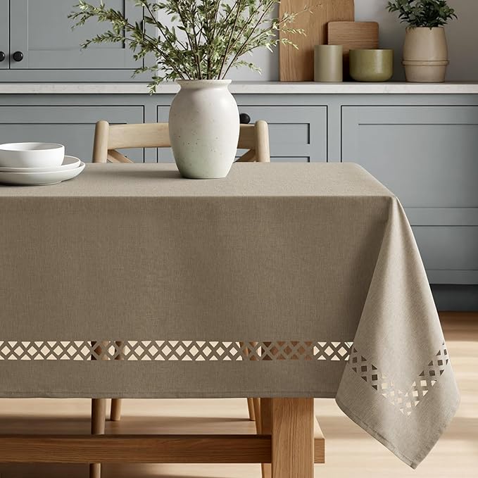 MIULEE Khaki Rectangle Linen Polyester Tablecloth with Decorative Cutouts Waterproof Stain Resistant & Shrink-Proof Table Cloth 52x70 inch Farmhouse Style for Dining Wedding Party and Outdoor Picnics