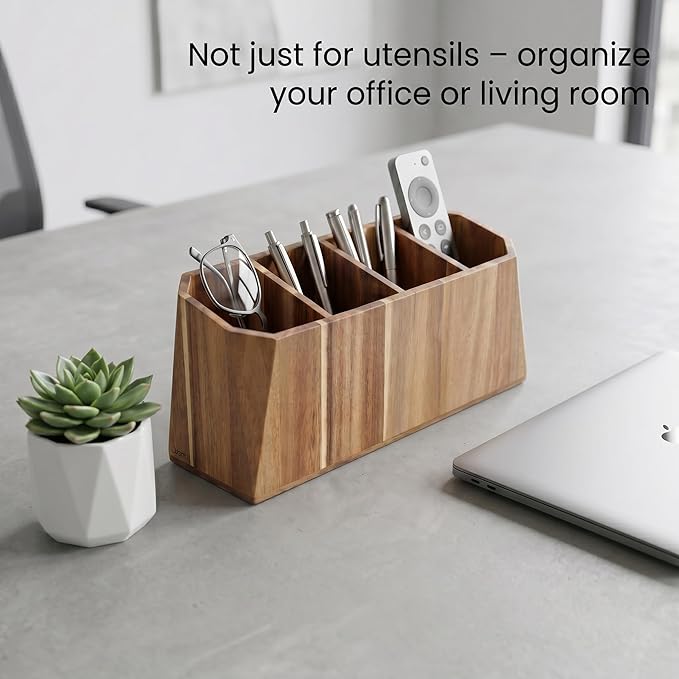 Large Kitchen Utensil Holder for Countertop – Acacia Wood Utensil Organizer with 4 Compartments, Beveled Edges Design, Non-Slip Silicone Pads & Drain Hole – Rustic Farmhouse Utensil Caddy Crock