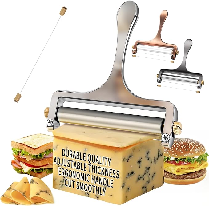 TOPULORS Wire Cheese Slicer Stainless Steel Handheld Cheese Cutter for Mozzarella, Cheddar, Gruyere - with 1 Extra Wire - Adjustable Thickness Cheese Shaver Cheese Slicers for Block Cheese (Silver)