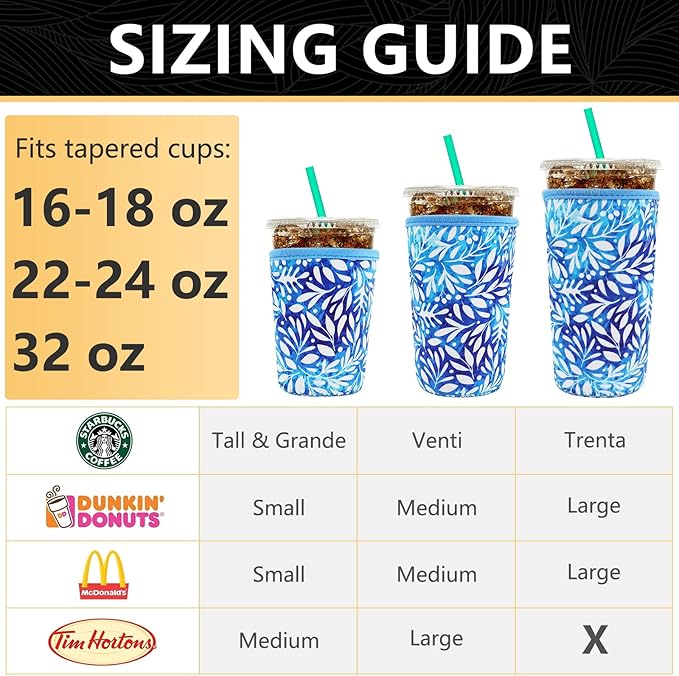YR Reusable Neoprene Insulator Sleeve for Iced Coffee Cups, 3 Pack Coffee Coolies sleeves for Iced & Hot Drinks, Cold Beverage Cooler Compatible with Starbucks Coffee and More (Blue Leaves)