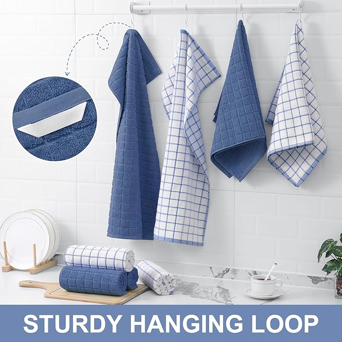 Homaxy Premium Cotton Kitchen Towels 16"x 28", Large Natural Ring Spun 390 GSM Dish Towels, Super Absorbent Terry Kitchen Hand Towels, Soft Tea Towels with Hanging Loop, Navy Blue Check Design, 4 Pack