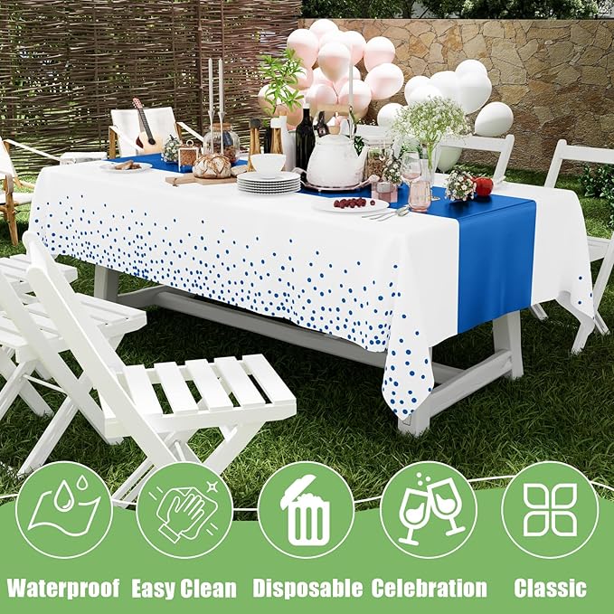 Smiry Plastic Table Cloth Disposable 3 Pack, 54 x 108 Inch Rectangle Waterproof Tablecloth, Printed Gold Table Runner Style for Birthday Weeding, Party Decorations, Leakproof & Sturdy, White and Blue