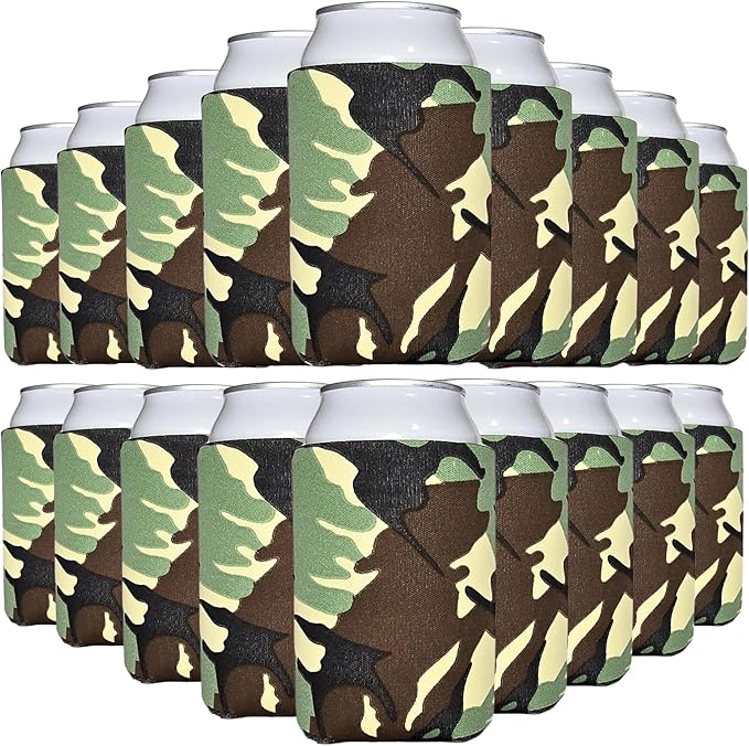 TahoeBay Bulk Blank Beer Can Cooler Sleeves (50-Pack) Sublimation Blanks for Vinyl Plain Soft Foam Can Sleeves Coolers for Soda Cans & Bottles Black, White, Assorted Solid Color (Woodland Camo)