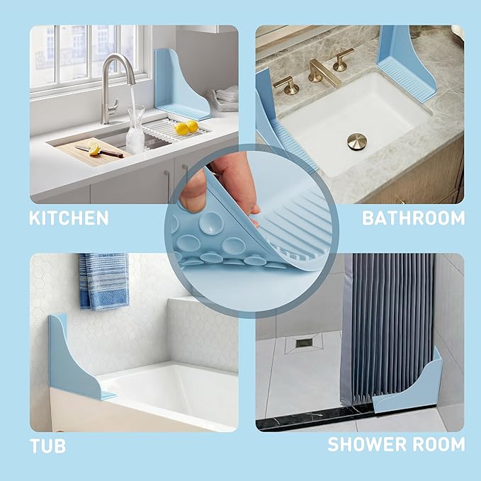 No-Adhesive 2-Pack All-Silicone Shower Splash Guard with Strong Suction Cups, Reusable One-Piece Bath Tub Corner Water Blocker for Secure Seal&Easy Removal，Keep Water in Shower or Bath, Baby Blue