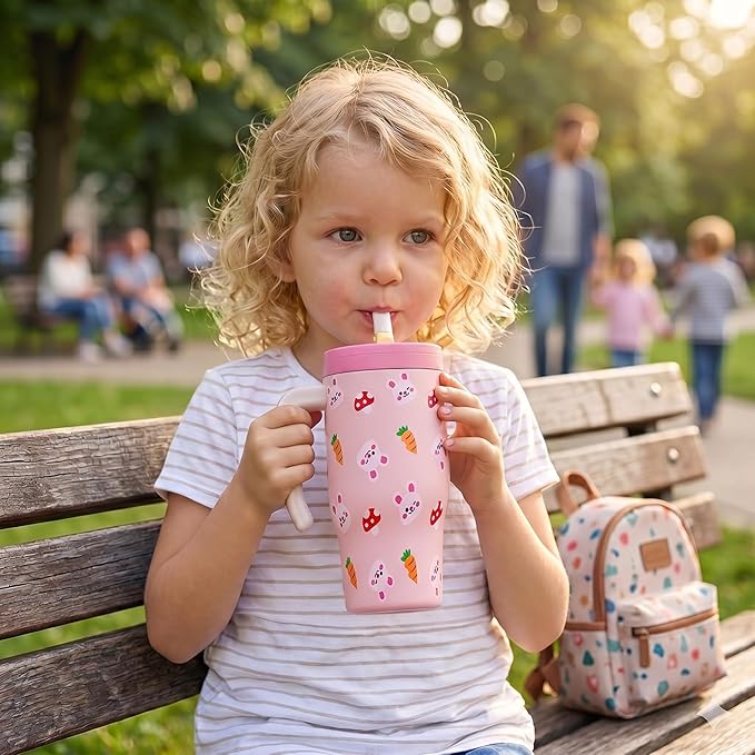 Fijinhom 25 oz Insulated Tumbler with Handle, Stainless Steel Insulated Water Bottle Coffee Mug with Straw, Coffee Cups, Cute Water Bottle for Sports, Travel, Lunch, Pink Bunny
