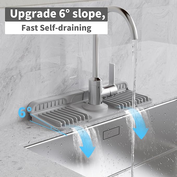 WAFT YEARN 14X5 Inch Silicone Durable Faucet Mat Kitchen Sink Splash Guard Draining Protector Tray Liner Absorbent Protective Counter Accessories For Sink Kitchen Bathroom Laundry Room Bar & RV Grey
