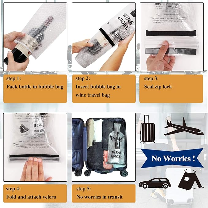 [UPGRADED PROTECTION] 8 Set (16 pcs) Reusable Wine Bags for Travel, Wine Travel Protector, Bottle Travel Sleeve Case For Airplane, Car, Cruise, TRIPLE Protection Luggage Leakproof Safety Impact Resist