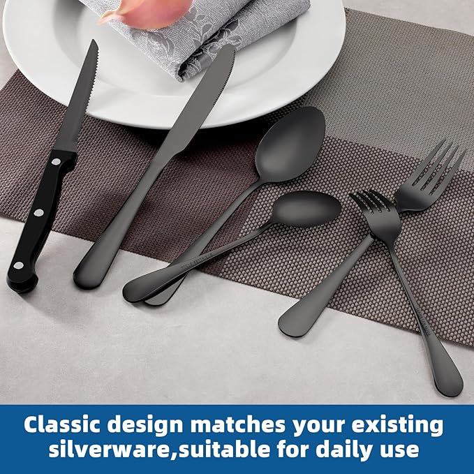 Black Steak Knives Set of 8, Sharp Triple Rivet Steak Knife, High-Carbon Stainless Steel Serrated Blades, Ergonomic Handles Serrated Steak Knives, Dinner Knife for Kitchen Restaurant, Dishwasher Safe