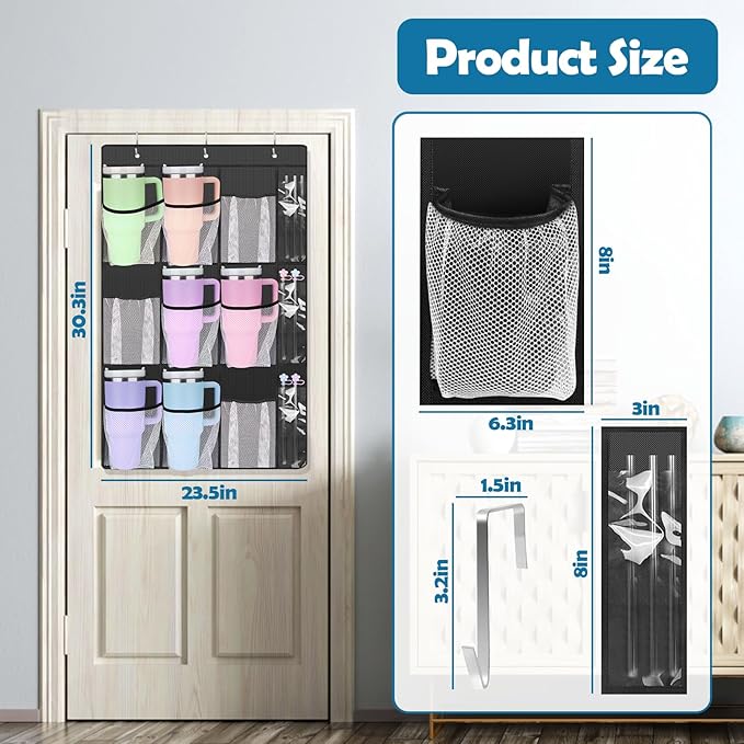 AIERSA Tumbler Organizer for Stanley 30 40 oz Cups with Handle, Cup Holder with Big Pockets for Big Water Bottles, Over the Door Tumbler Holder, Kitchen Cabinets Organizers Accessories