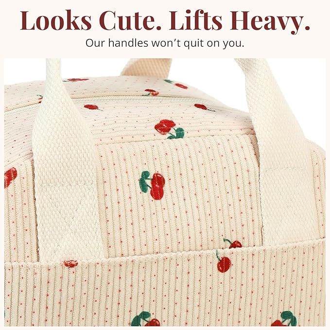 LOVELYWIND Insulated Cherry Lunch Bag for Women, Stylish Corduroy Tote with Aluminum Lining, Large Capacity Reusable Cooler for Work, Travel, Beach or Picnic, Beige Cream Water-Resistant Lunch Box