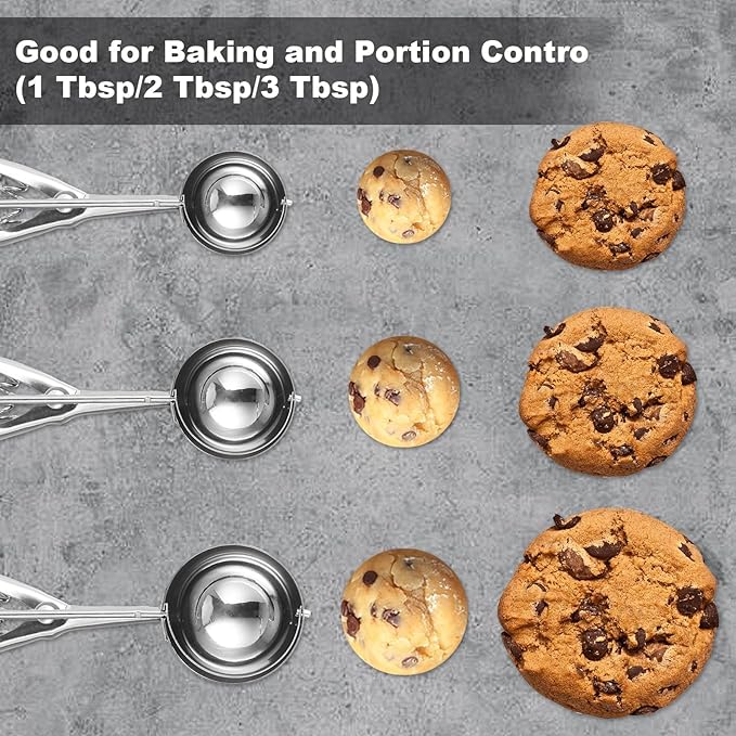 Cookie Scoop,Set of 3 Cookie Dough Scoops for Baking 1 Tbsp,2 Tbsp,3 Tbsp,Stainless Steel Ice Cream Scooper with Trigger Release for Cupcake,Ice Cream,Muffin,Meatball,Melonball