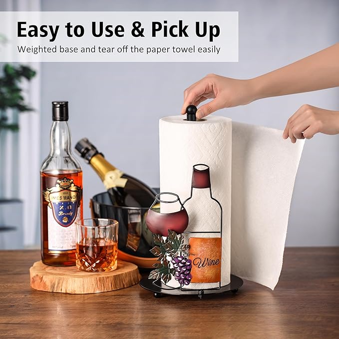 Wine Paper Towel Holder Countertop - Grape&Wine Decor Gifts, Cute Rustic Country Vintage Farmhouse Kitchen Decorations, Roll Dispenser with Weighted Base