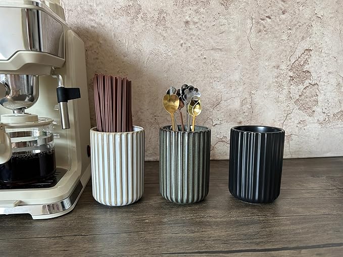 TOPYOKK Stoneware Coffee Bar Utensil Holder Tea & Coffee Spoon & Stirrer Holder for Stir Stick Straw Teaspoon Holder Spoon Cup Small Utensil Jar Fluted Vertical Stripe (Bronze)