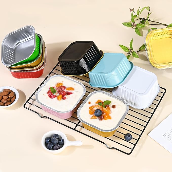 40 Pack Mini Cake Pans with Lids, 5oz Square Aluminum Foil Brownie Baking Cups, Muffin Tin Ramekins, Disposable Dessert Cupcake Cups for Wedding Birthday Party, Rad