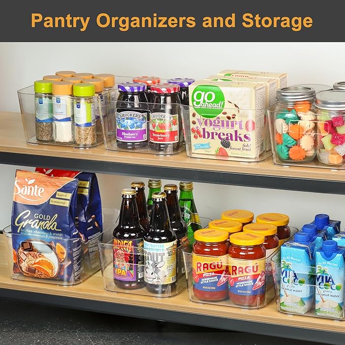 12 Pack Plastic Storage Bins, Clear Pantry Organizers and Storage, Multi-Use Organizer Bins for Kitchen, Office, Fridge, Cabinet and Shelf Organization