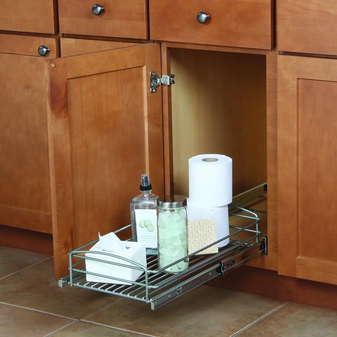 Knape & Vogt MUB-11-R-FN Multi-Use Pull-Out Basket Cabinet Organizer, 5.32 in. H x 11.75 in. W x 20 in. D, Frosted Nickel