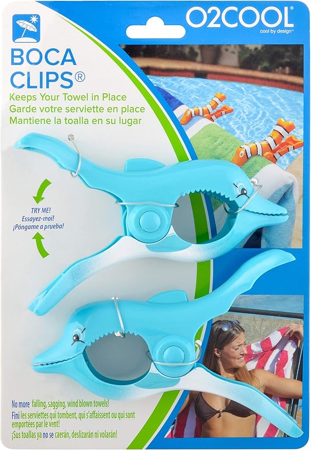 O2COOL Dolphin BocaClips, Beach Towel Holders, Clips, Set of Two, Beach, Patio or Pool Accessories, Secure, Portable Clips for Towels and Chips, Assorted Styles