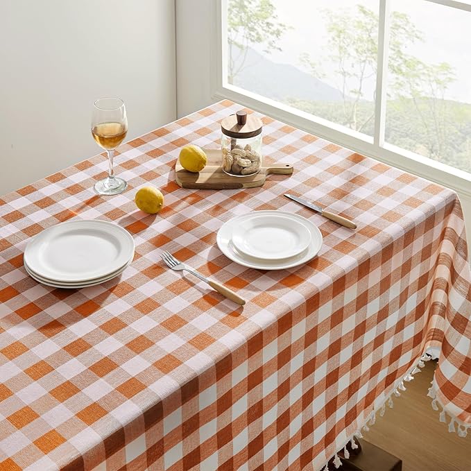 Softalker Fall Checkered Tablecloth Square, Heavy Weight Linen Cotton Gingham Thanksgiving Orange Table Cloth with Tassel, Wrinkle Free Buffalo Plaid Table Cover for Dining Party- 55 x 55 Inch