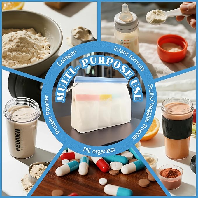 Protein Powder Container Travel Set, 21 Single Dose Bags, 3 Large Zip Bags, Storage Containers with Funnel and Spoon (40 PACK)