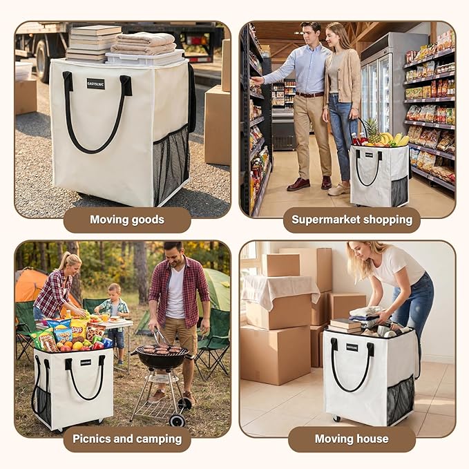 Reusable Hauler Rolling Tote Bag, Collapsible Portable Shopping Cart with Wheels for Groceries, Apartments Laundry, Organization, Heavy Duty Utility Tote, Travel and Moving, 75lbs, Beige