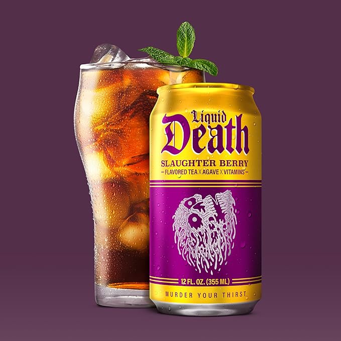 Liquid Death Iced Tea - Slaughter Berry (Raspberry-Flavored Black Tea), Less Sugar*, Boost of Caffeine, B Vitamins, No Artificial Sweeteners, 12 Fl Oz (Pack of 12)