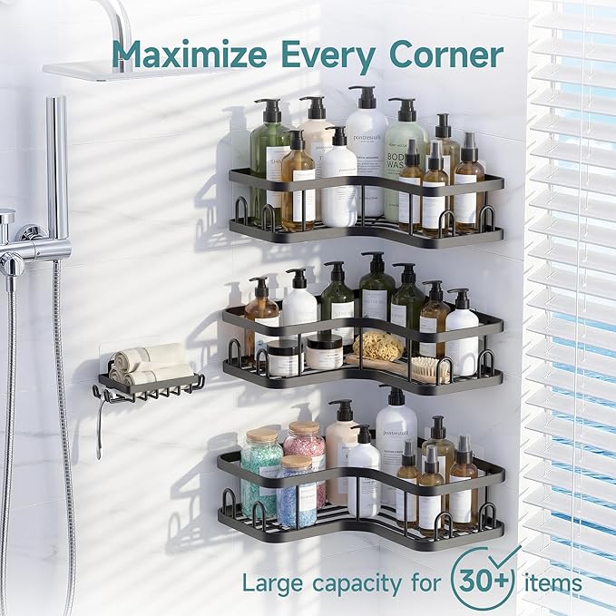 Veken Corner Adhesive Shower Caddy 4-Pack with Soap Holder&Hooks,No Drilling Shower Shelves,Rustproof & Waterproof Bathroom Organizers and Storage,Rack for Small Spaces, Kitchen&Rental-Friendly,Black