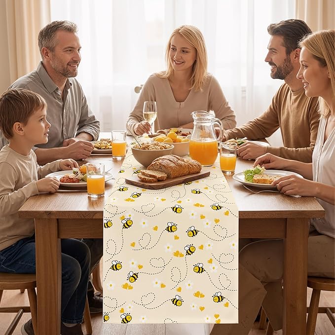 OHOME Summer Decorations for Home - Bee Table Runner | Spring Party Favors Supplies Decorations Indoor Outdoor - Summer Banner Backdrop - Birthday Holiday Table Runner for Home Kitchen