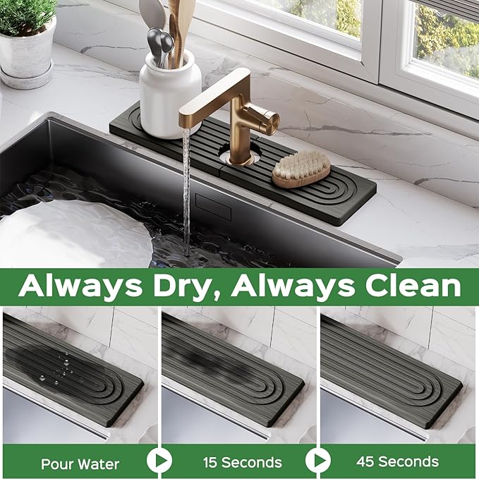 16 Inch Stone Faucet Mat for Kitchen Sink Splash Guard - Diatomite Quick Dry Stone Mat Kitchen Sink Protectors, Water-Absorbent Faucet Handle Drip Catcher Tray with Drainage (Dark Gray, 15.7" x 3.9")