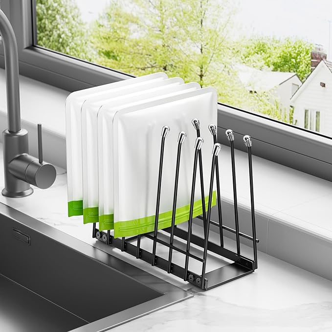 Plastic Bag Drying Rack, Metal Reusable Silicone Ziplock Bag & Bottle Drying Stand, Lerine Drying Rack Kitchen Organizer, Black