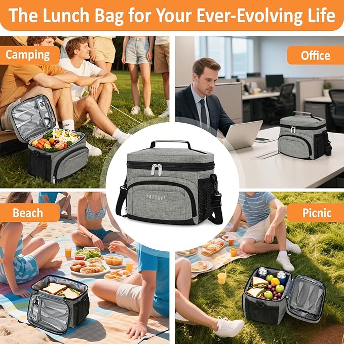 Vankor Insulated Lunch Bag for Men Women, Reusable Lunch Box Leakproof Cooler Lunch Tote Bag with Adjustable Shoulder Strap for Work Office Picnic Beach Travel, Cationic Light Grey