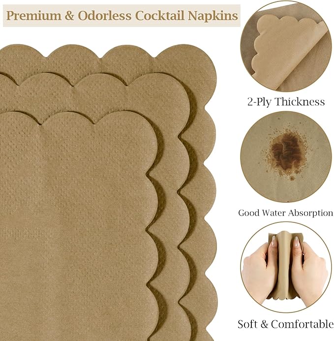 100 Pcs Cocktail Napkins, 2-Ply 5 x 5 Inches Disposable Scalloped Napkins, Thick Premium Dessert Napkins for Party, Wedding, Dinner, Birthday, Anniversary, Festival (Brown)