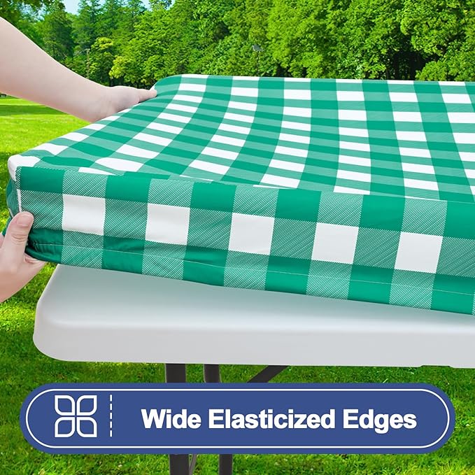 Smiry Picnic Table Cloth 2 Pack, Waterproof Elastic Fitted Tablecloths for 5FT Rectangle Tables, Washable Polyester Buffalo Plaid Tablecloth for Camping, Dining & Outdoor (Green & White, 30" x 60")