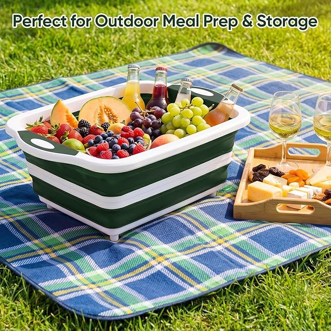 Collapsible BBQ Prep Tub with Lid, Foldable Camping Sink with Colander, Cutting Board, Dish Basin for Kitchen, Bowl, Vegetable and Fruit, Storage Basket for Picnic-Green
