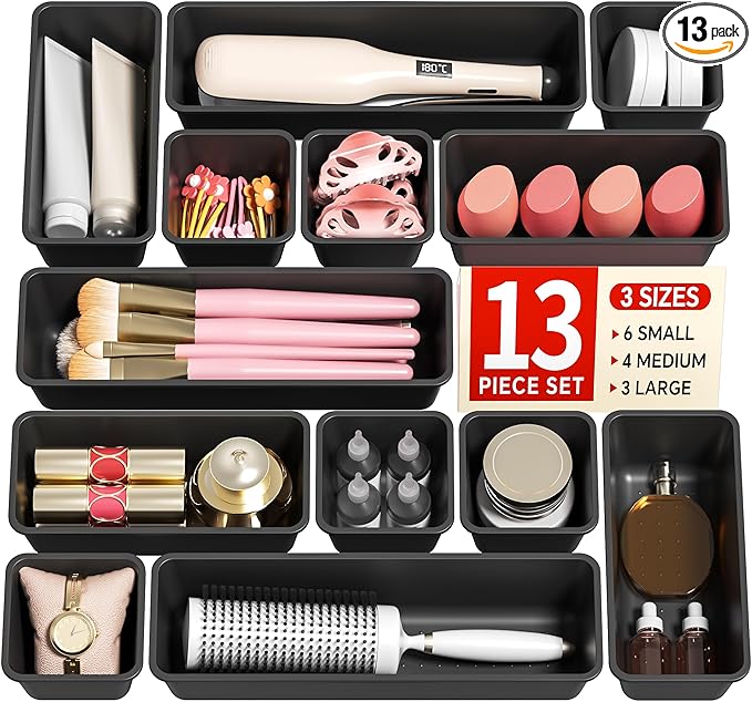 13 Pack Plastic Drawer Organizers Set, 3 Sizes Desk Drawer Organizer Trays for Vanity and Makeup Organizer, Organization and Storage for Makeup, Kitchen Utensils, Bathroom and Office(Black)