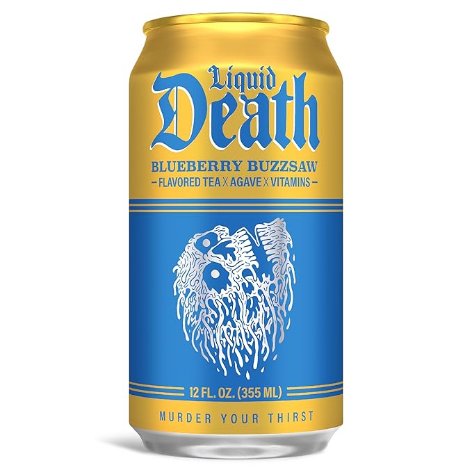 Liquid Death Iced Tea - Blueberry Buzzsaw (Blueberry-Flavored Black Tea), Less Sugar*, Boost of Caffeine, B Vitamins, No Artificial Sweeteners, 12 Fl Oz (Pack of 12)