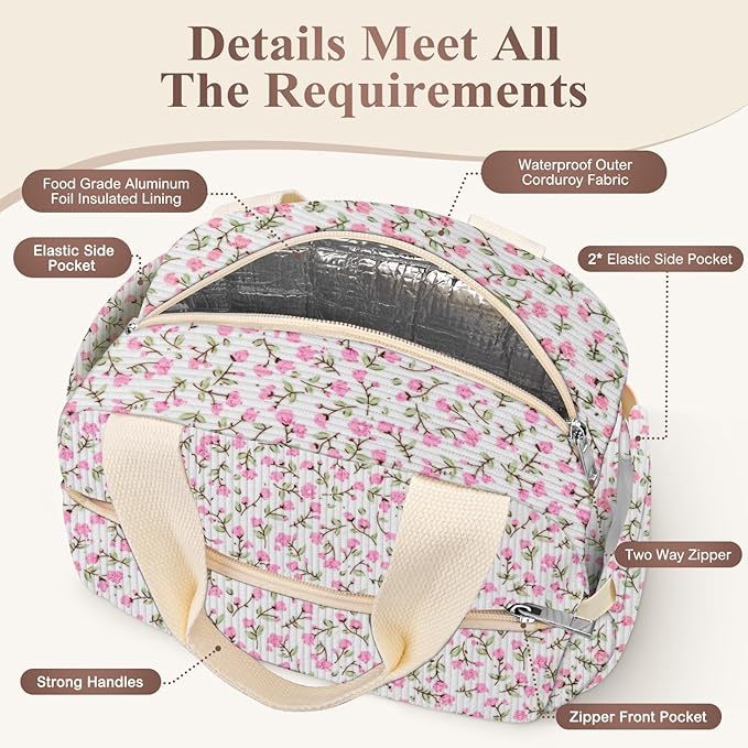 KUBYA Lunch Box for Women, Cute Flower Corduroy Insulated Lunch Bag Women Reusable Work Leakproof Simple Adults Large Lunch Boxes Tote Bag Men Cooler Bag