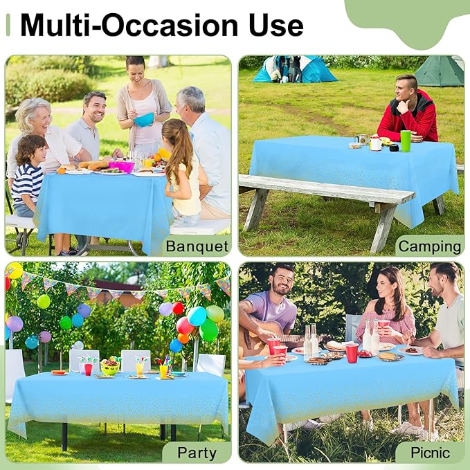 misaya 10 Packs Dot Disposable Table Cloth, 54 x 108 Inch Waterproof Plastic Tablecloth, Rectangle Gold Dots in Light Blue Table Covers for Picnic, Birthday, Party