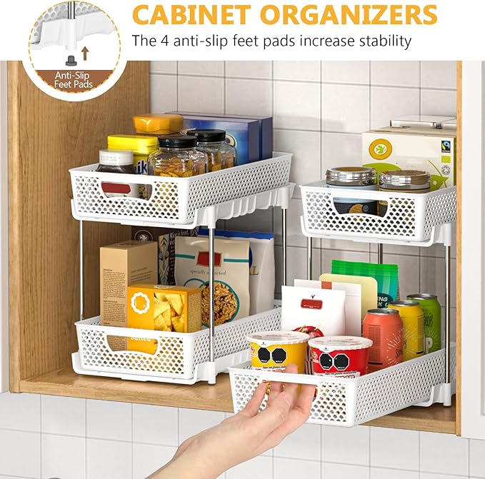 DABIGE 2 Pack Pull Out Bathroom Organizers and Storage, 2 Tier Stackable Under Sink Storage Organizer for Bathroom, Kitchen Cabinet, Pantry, and Medicine Holder, Organization and Storage - White